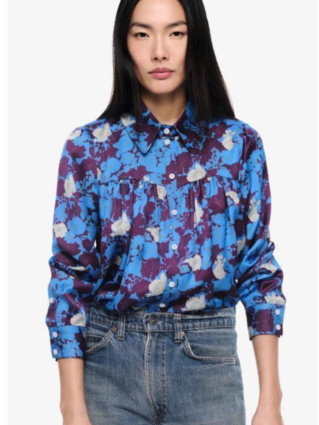 Smythe Shirred Silk Blouse Lapis Floral